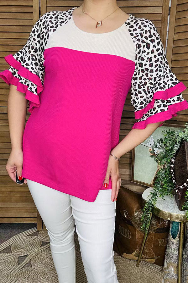 Blouse women's suppliers Ribbed knitted fabric Leopard & white & fuchsia color block bell sleeves XCH16117