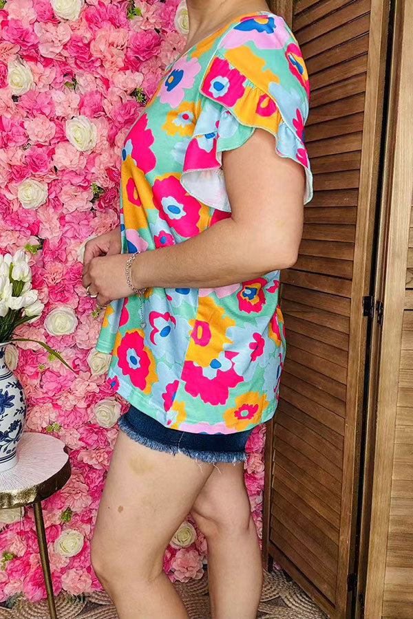 Shop Multi color floral printed ruffle short sleeves women blouse XCH15807 (DS10)