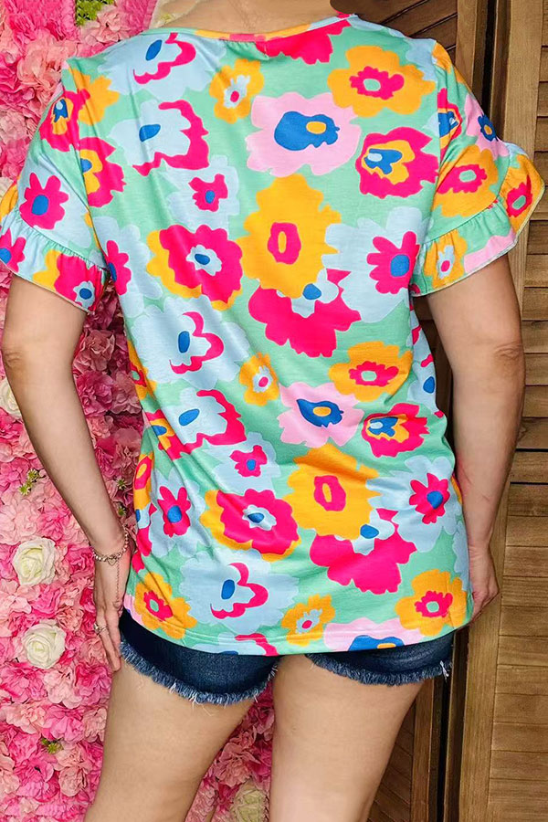 Shop Multi color floral printed ruffle short sleeves women blouse XCH15807 (DS10)