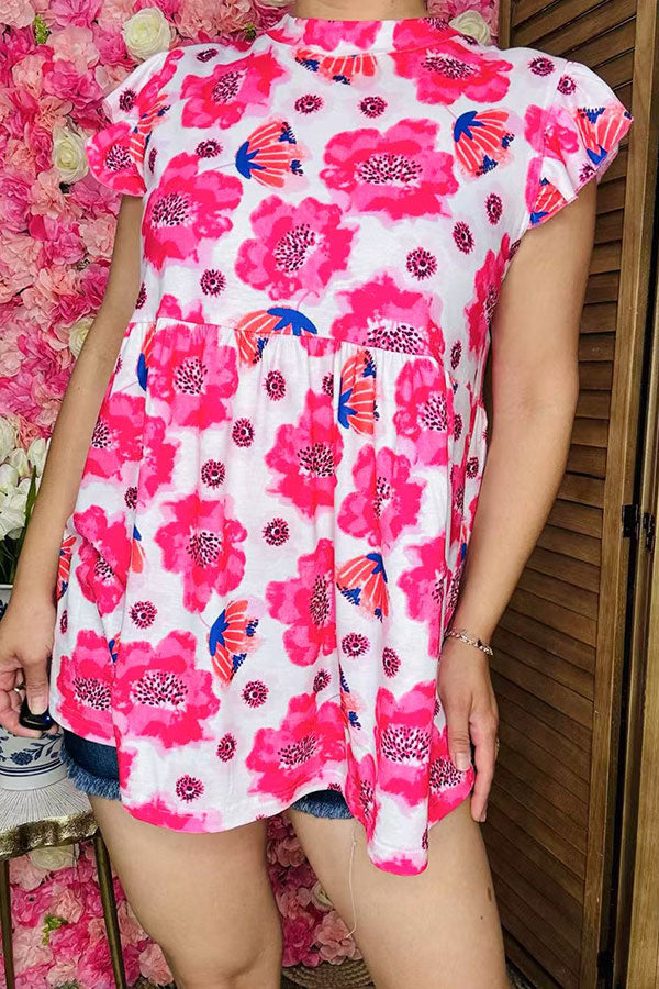 Shop fuchsia floral printed baby doll & ruffle sleeves women blouse GJQ13593S (CS9)