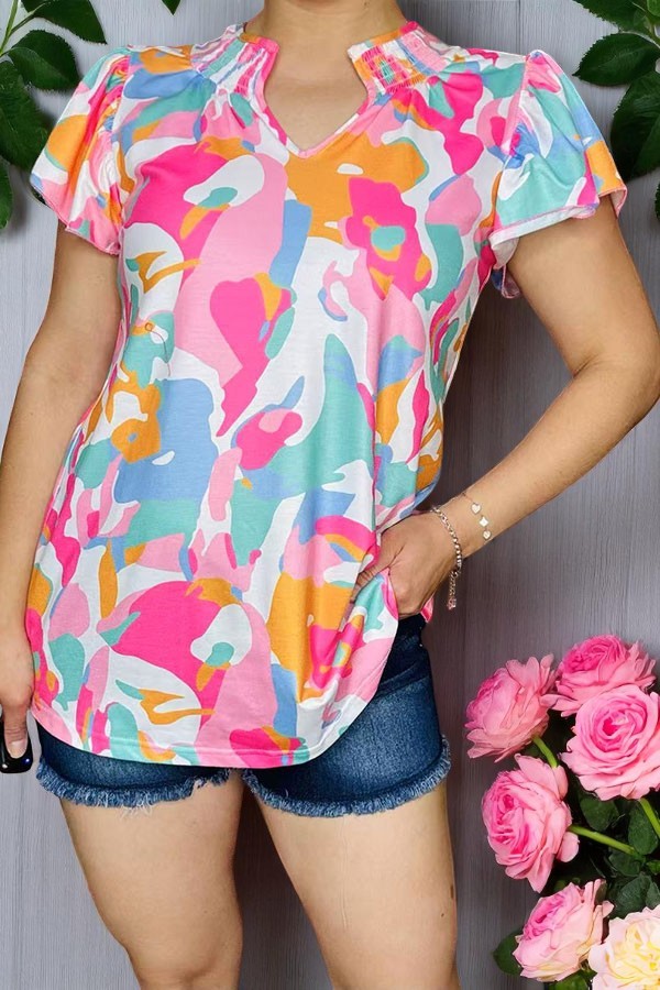 Shop multi color patterns printed women blouse w/short sleeves GJQ16040  GS5