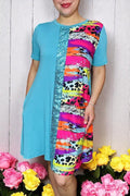 Women's dress w/blue & sequin & western prints short sleeve w/side pockets GJQ15176 (BS13 ) AS9