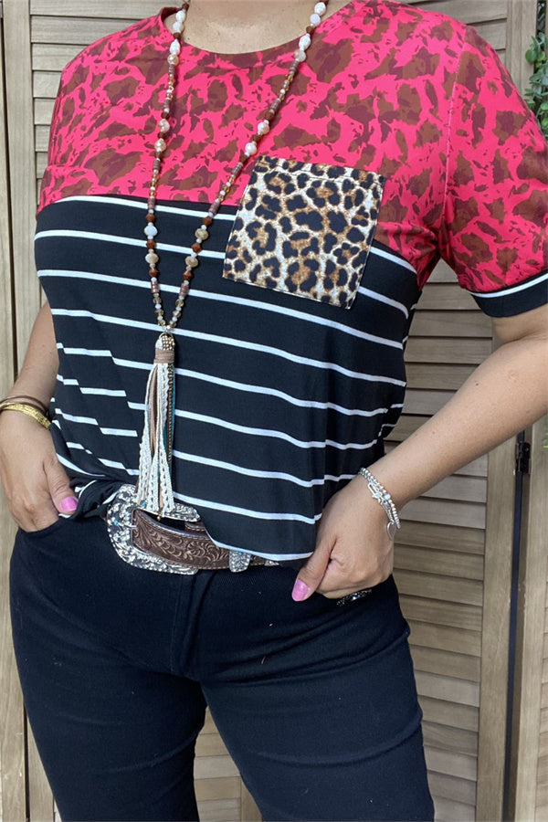 Leopard & Striped printed color block short sleeve women tops w/pockets BQ11794