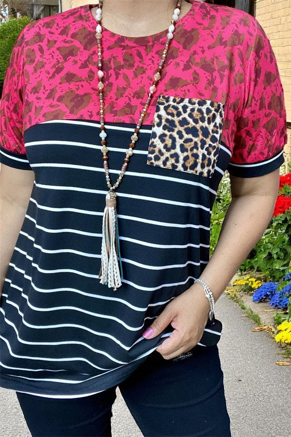 Leopard & Striped printed color block short sleeve women tops w/pockets BQ11794