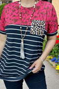 Leopard & Striped printed color block short sleeve women tops w/pockets BQ11794