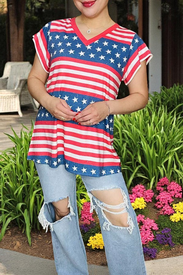 Shop 4th July USA flag star red striped printed short sleeves women tops XCH14727