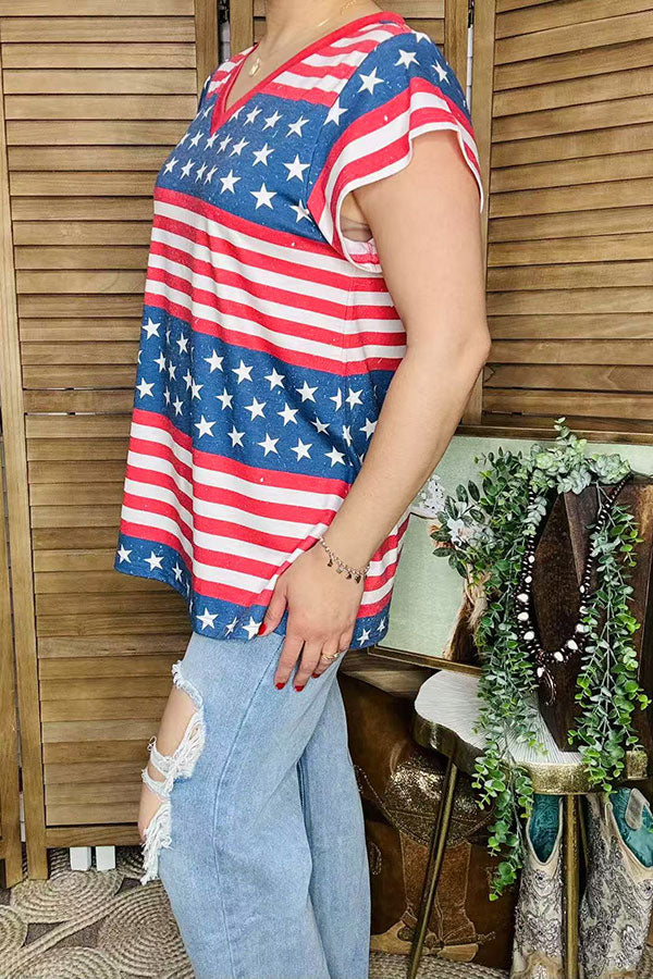Shop 4th July USA flag star red striped printed short sleeves women tops XCH14727