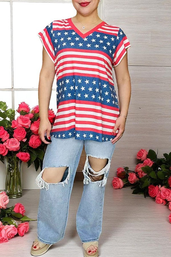 Shop 4th July USA flag star red striped printed short sleeves women tops XCH14727