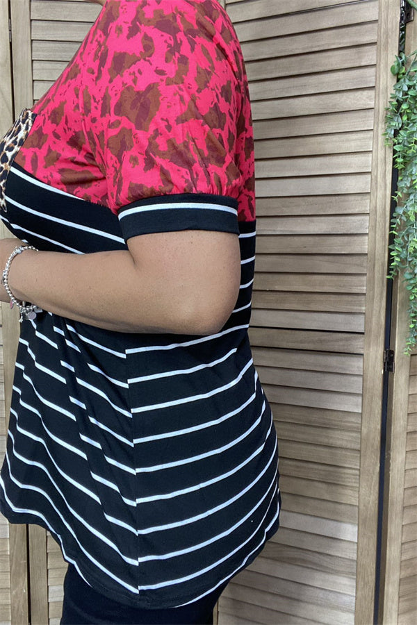 Leopard & Striped printed color block short sleeve women tops w/pockets BQ11794